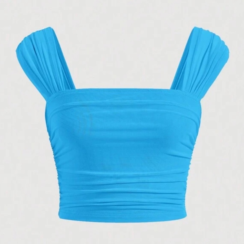 (3 for 15) Solid Ruched Crop Wide Straps Top / blue / size S